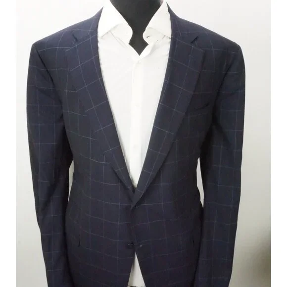 Isaia Napoli 130s Ply Wool Navy Blue Windowpane Sport Coat Jacket 56R NEW